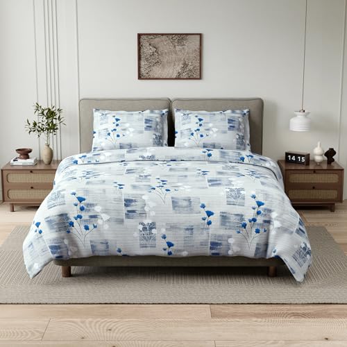 Image of Haus & kinder Double Bedsheet for Queen Size Bed | 90 x 100 Inches 144 TC Cotton Bedsheet for Double Bed with 2 Pillow Covers - Blue Flower Sketch