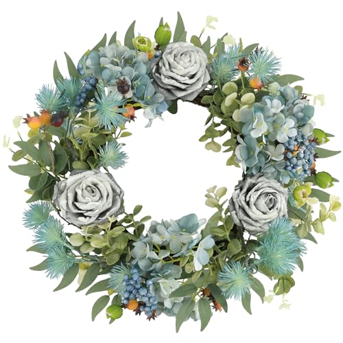 Ghrdopy 22 Inch Blue Hydrangea Rose Wreaths for Front Door, Artificial Spring Summer Flower Wreath All Seasons Home Decor, Farmhouse Wall Window Porch Parties Valentines Weddings Indoor Outdoor Decor