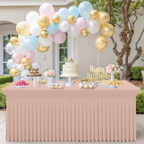 Image of Smiry Spandex Elastic Fitted Table Cloth Skirt for 6FT Rectangle Table | Stretch Washable Table Cloth, Banquet Table Cover for Wedding, Party, Indoor & Trade Shows, (Nude, 72Lx30Wx30H)