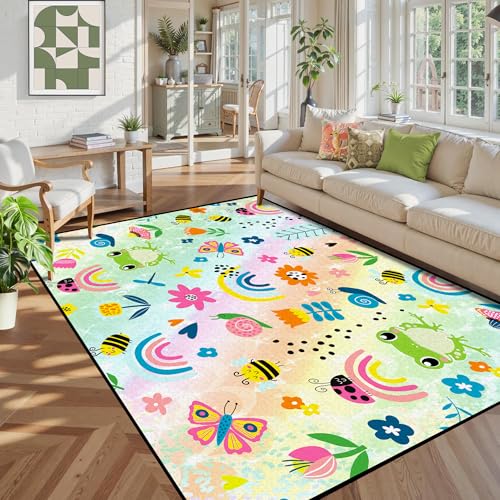 5' x 7' Cute Rainbow Rug Frog Butterfly Floral Cartoon Area Rugs for Kids Boys Girls Children Bedroom Playroom Carpet Living Room Decor Dorm Door Floor Mat Rainbow 05 5' x 7' (Rectangular)