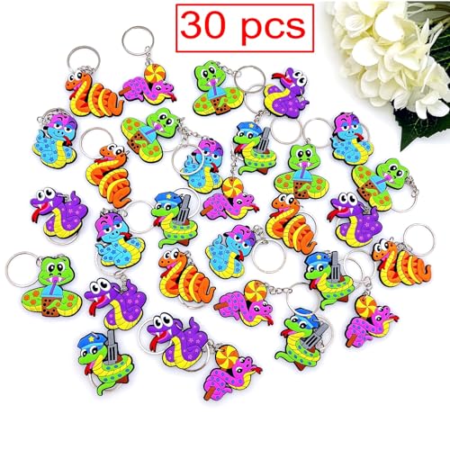 JZK 30 x Cartoon Schlange Schlüsselanhänger Schlüsselanhänger für Geburtstagsfeier Gefälligkeiten, Goody Bags, Kindergarten Klassenzimmer Preise, Lucky Dip Preise für Jungen, Partytütenfüller