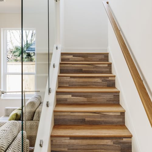 funlife 13PC Self-Adhesive Vinyl Stair Riser Stickers w/Squeegee and Utility Knife, Peel and Stick Staircase Decal Contact Paper for Home Decor, 47.24'x7.09' Brown Wood