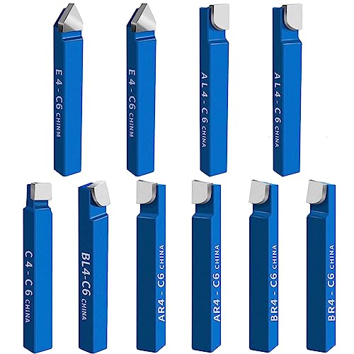 10PCS 1/4 Metal Lathe Tooling Carbide Tip Tipped Cutter Tool C6 Bit Cutting Set for Metal Lathe Turning Boring and Chamfering
