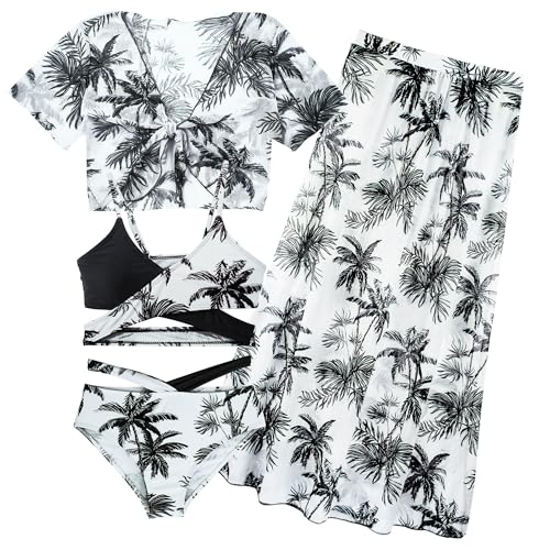 Image of Happy Cherry Girls Swimsuit Teen Cute Bathing Suits Kids 4 Piece Tropical Print Beach Bikini Sets with Cover Up Size 8-12