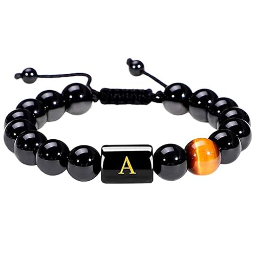 10MM Black Onyx Stone Initial Bracelet for Men Letter Link Handmade Tiger Eye Bead Braided Rope Bracelet Gifts Mens Bracelet (A)