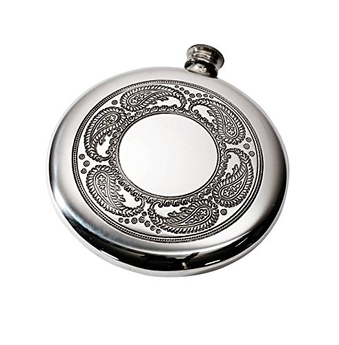 Wentworth Pewter - Paisley Pattern Polished Round Pewter Sporran Flask, Spirit Flask, 4oz Capacity