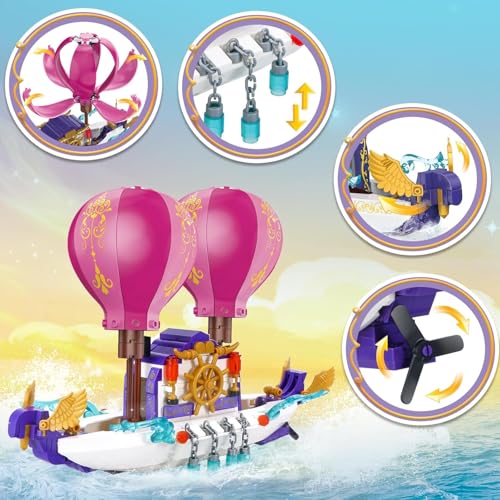 Image of Fairy Girls Magic Cruise Ship Building Set - 358 PCS Rapunzel Magic Boat Model | Princess Series Building Blocks | Transforming Hot Air Balloon Sailboat Toy | Gift for Girls Ages 6-12