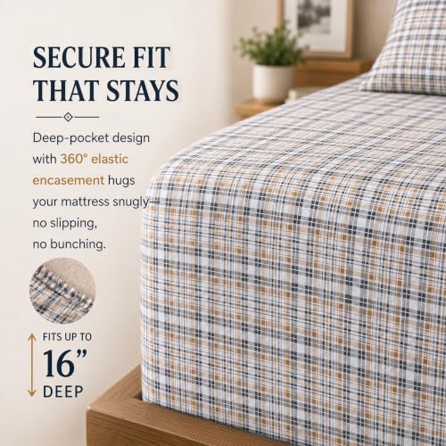 RUVANTI 100% Cotton Flannel Sheets Queen Size, 4 PCs Bed Sheet, Sand Tartan by RUVANTI - Used condition - Image 6