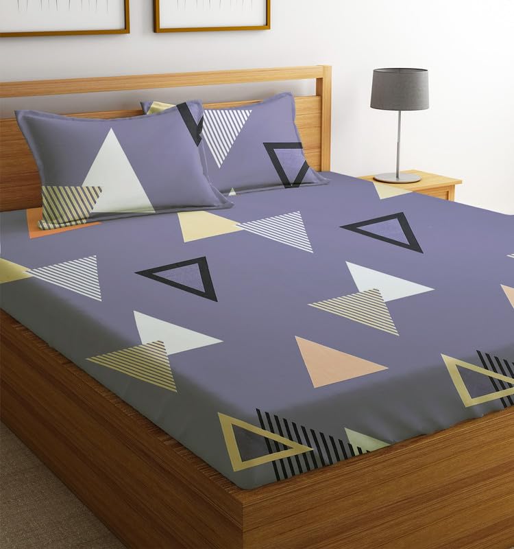 Image of NEW LEAF Premium Cotton Elastic Fitted Bedsheets with 2 King Size Pillow Covers | Double Bed with All Around Elastic 180 TC Supersoft |Size-72 King Sizex78+10 inches | Abstract, Light Purple