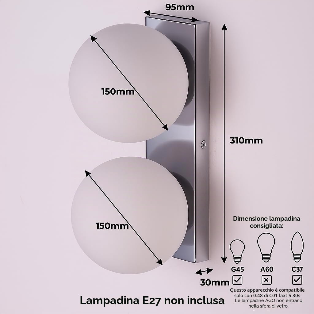 Alpinaluz Applique da parete con 2 sfere in vetro opaco Ø150 mm - Base rettangolare in metallo cromato - Stile moderno decorativo - Boccole E27 - Doppia luce per interni