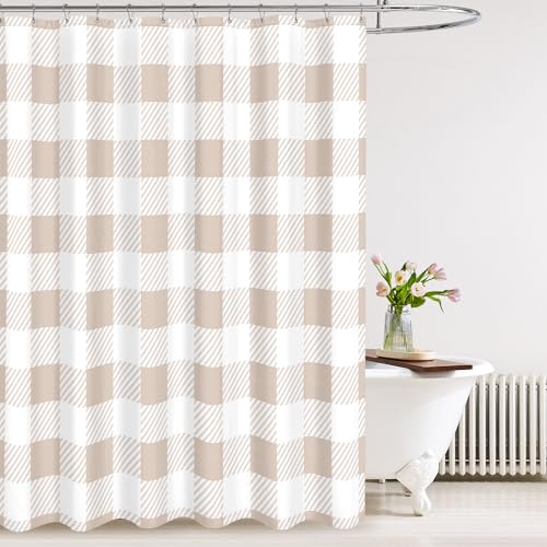 Tititex Classic Buffalo Plaid 140gsm Faux Linen Fabric Shower Curtain, Cream Buffalo Check Grid Shower Curtain Sets Decoration 72x72 Inch with Hooks