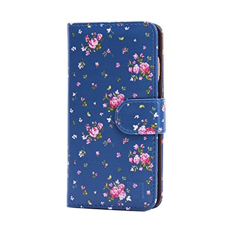 32nd Floral Series - Design PU Leather Book Wallet Case Cover for Apple iPhone 6 & 6S, Designer Flower Pattern Wallet Style Flip Case With Card Slots - Vintage Rose Indigo Cover
