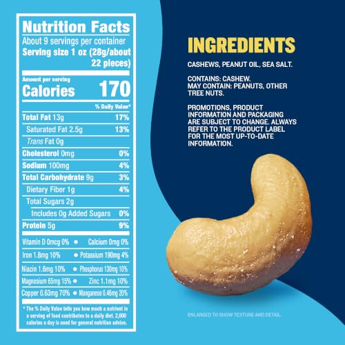 Image of Planters Deluxe Salted Cashews, 5g Protein (9% DV) per serving, 8.5 oz Resealable Can