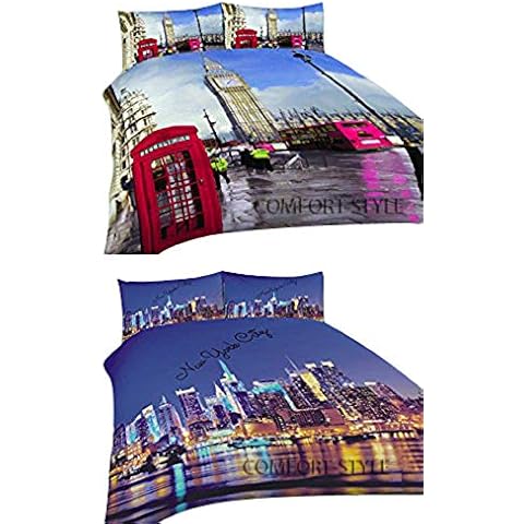 Luxury 3D New York Duvet Cover Set With Pillowcases - Sky Scrappers 3D Effect Print Design - Soft Polycotton Bedding set In All Uk Sizes (New York, Single Duvet Set) Cover