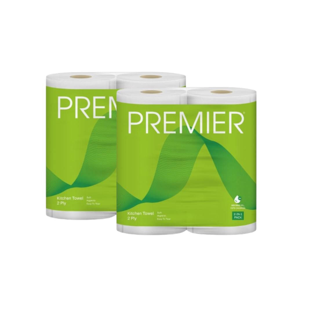 Premier Kitchen Towel Roll - Pack of 2 (Each pack contains 2 rolls), Kitchen Tissue Paper 2-Ply, 60 Pulls Each (21 x 23 cm), Super Absorbent Disposable Paper Towels for Cleaning-image-38