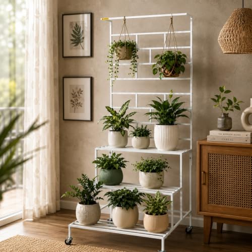 Image of ecofynd Eden Plant Stand with Wheels for Outdoor Balcony, Flower Stand for Indoor Plants, Large Metal Planter Stand for Living Room, Home Decor, Indoor & Outdoor Plants, 4 Tier (PS058-WHT-WHEL)