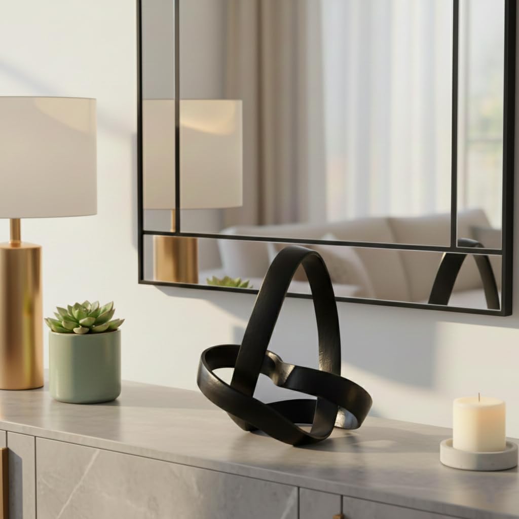 Decorative Aluminum Knot Sculpture for Home Decor - Modern Ornaments Figurine for Bathroom, Office, and Living Room - Stylish Shelf Accent, Coffee Table Decor, or Any Room Display - 11", Black