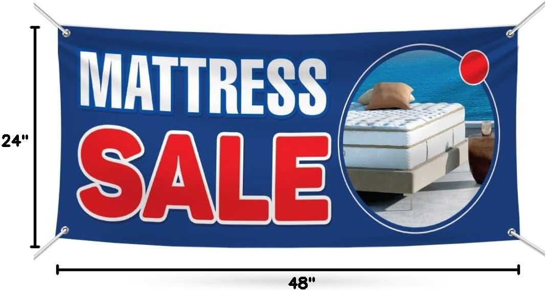 Mattress Sale Banner Sign - 13 Oz Heavy Duty Waterproof Mattress Sale Vinyl Banner for Business with Metal Grommets, VP5519 (24" x 48")