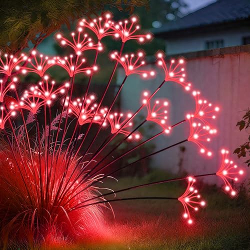 JJGoo Solar Garden Lights New Upgraded 2 Pack Solar Swaying Starburst Light Waterproof Fireworks Outdoor Lights Yard Patio Pathway Decoration Red