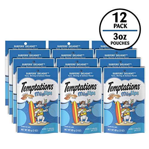 Image of Temptations MixUps Crunchy Cat Treats, Surfer's Delight, 3 oz, 12 Pack | Tuna, Shrimp & Salmon flavors, under 2 calories per treat, soft inside, resealable value pouch, promotes dental health