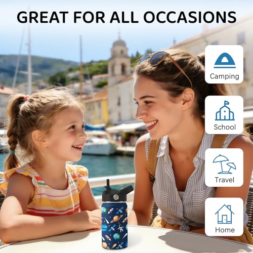 Image of Planet Water Bottle for Son & Daughter, Stainless Steel Insulated Tumbler with Straw Lid and Handle, 12oz Reusable Leak-Proof Bottle for Sports