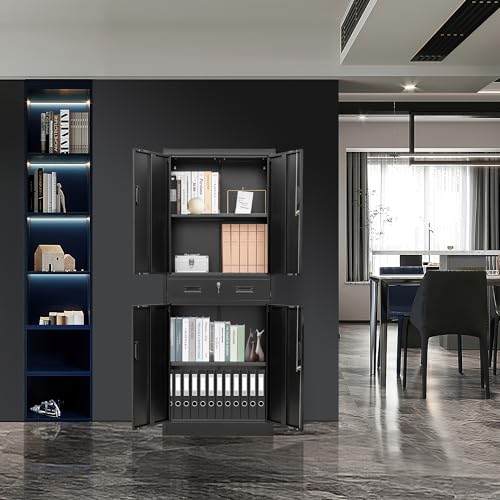 Metal Storage Cabinets with 1Drawer, 71" Storage Cabinet with 4 Locking Doors and 2 Adjustable Shelves, Steel Storage File Cabinet for Pantry Home, Kitchen, Office, Garage (Black)