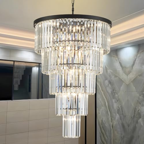 TMAFON Crystal Chandelier, 35.5-inch Height, 5-Tier Modern Black, Round Light Fixture for Entryway