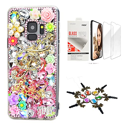 STENES Sparkle Case Compatible with Samsung Galaxy A42 5G Case - Stylish - 3D Handmade Bling Music Flowers Design Cover Case with Screen Protector [2 Pack] - Pink