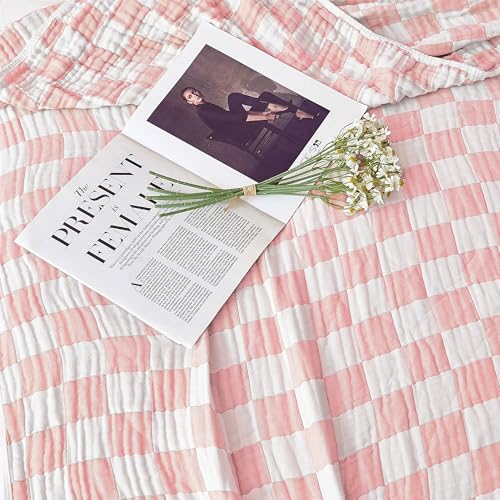 Image of Muslin Blankets for Adults King Size 100% Cotton 6-Layer Gauze Pink Checkered Bed Blanket Lightweight Soft Breathable Christmas Blanket Gift for Women (Pink Checkerboard, King 90 inch X 104 inch)