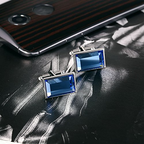 Mancuernas rectangulares de acero inoxidable con cristal azul para hombre miniatura 3