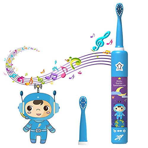 Elektrische Zahnbürste für Kinder, Wiederaufladbare Musik Schallzahnbürste mit 2 Bürstenköpfe 3 Modi 2 Minuten Timer IPX7 WasserdichtEine und