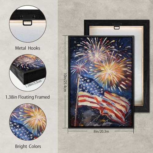 Image of American Flag Framed Canvas Wall Art, 4th of July Red White Blue Canvas Prints, USA Flag with Fireworks Patriotic Decorations, Modern Independence Day Wall Decor for Bedroom Living Room 8x10
