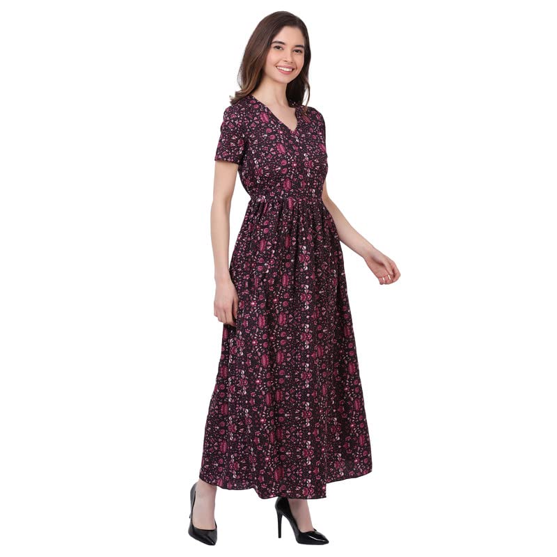 Women's Printed Crepe Dress | Western Fit and Flare Maxi Dress | Flared Gown | Floor Length Kurti | Half Sleeve A-Line Dress-image-0