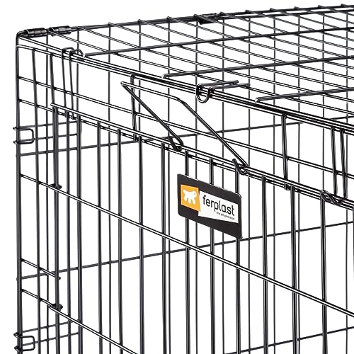 Ferplast Zusammenklappbares Hundekäfig DOG-INN 90. Faltbox für Hundewelpen, Metallgitter-Transportbox, inklusive Trennwand, zwei Türen mit Sicherheitsverschluss, 92,7 x 58,1 x h 62,5 cm Schwarz