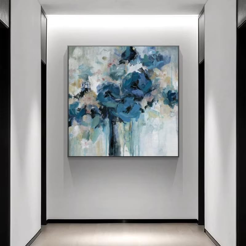 Fleurs bleues aquarelle sur toile avec cadre intérieur moderne salon 60x60