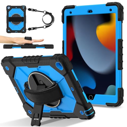 Coque iPad 10.2 pour 9e/8e/7e génération antichoc bleue avec béquille et dragonne