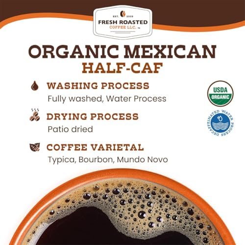 Image of Fresh Roasted Coffee, Organic Mexican Water-Processed Half-Caf Drip Ground Coffee, Medium Roast, USDA Organic, 3rd Party Tested for Mold, Mycotoxin & Pesticides, Kosher, 5 lb (80 oz)