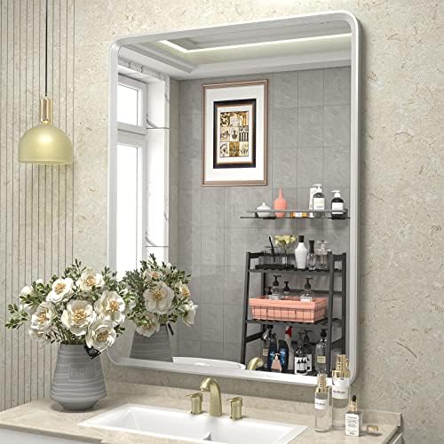 GOLOMO 28X36 Brushed Silver Mirror for Bathroom, Brushed Nickel Silver Metal Framed Vanity Mirror with Beveled Border, Round Corner, Shatterproof, Anti-Rust (Horizontal/Vertical)