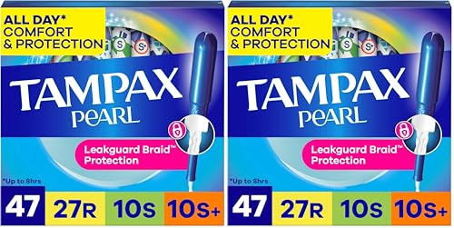 Image of Tampax Pearl Tampons for Women Multipack, with LeakGuard Braid, Regular /Super /Super Plus Absorbency, Unscented, 47 Count (Pack of 2)