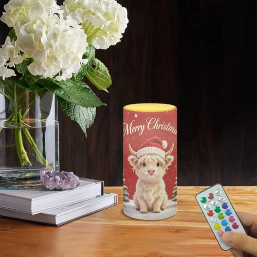 Image of Poceacles Flameless Light Candles Battery Operated Candles with Color Changing Timer Remote Control Tealights for Christmas Decorations, Cute Highland Cow Red