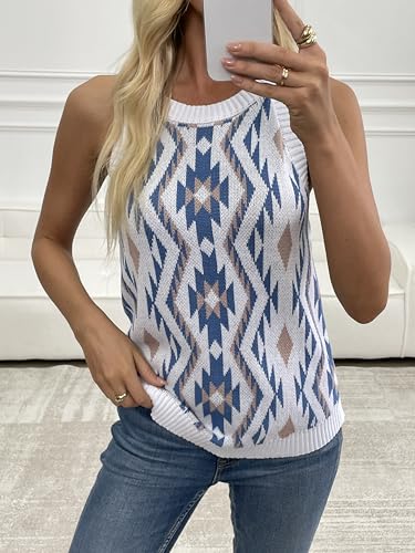 Image of MARZXIN Women Sleeveless Sweater Tank Round Neck Casual Aztec Geometric Knit Sweater Top