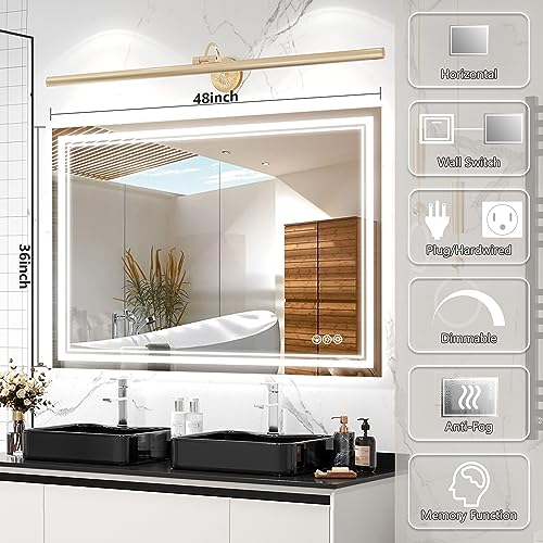 Image of 48x36 Inch Led Mirror for Bathroom with Front Light and Backlit, Bathroom Mirror with Led Lights, Vanity Mirror with Lights for Wall, Anti-Fog, Dimmable, Memory Function, Tempered Glass