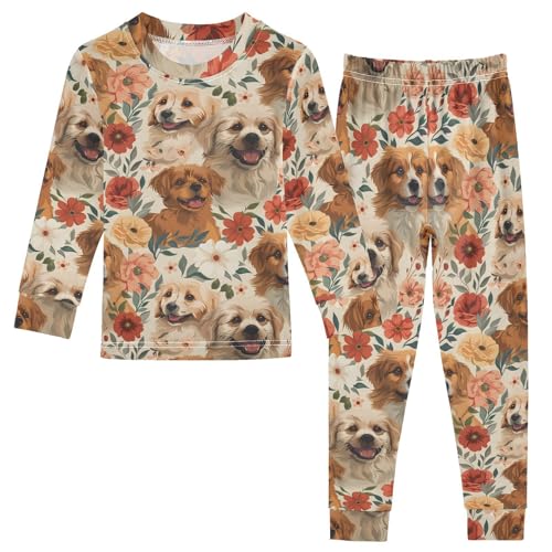 ALAZA Dog Puppy Flowers Pajama Set Pijamas Para Niños Long Sleeve Sleepwear