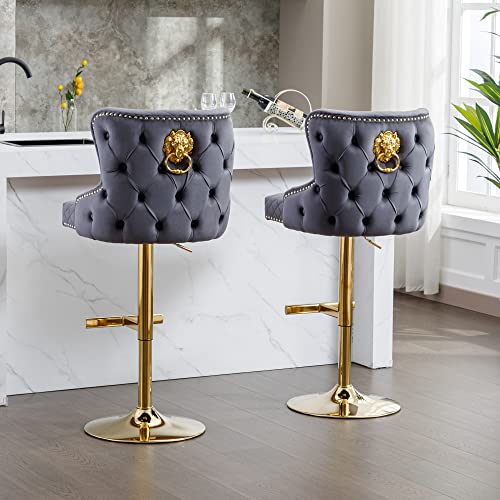 Kcc Velvet Barstools Set Of 2, Upholstered Adjustable Swivel Stool Chairs With Chrome Base Golden Lion Pull Ring Diamond Pattern Rivet Trim And High Tufted Backrest For Kitchen Pub Grey thumb #1