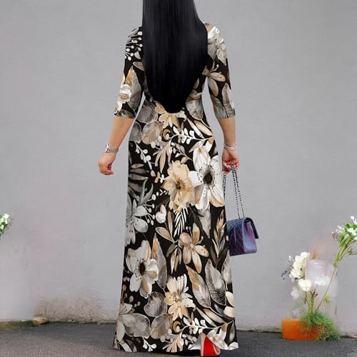 Image of Women's V Neck Floral Maxi Dress 3 /4 Sleeve Plus Size Boho Wrap Flowy Long Dresses with Belt