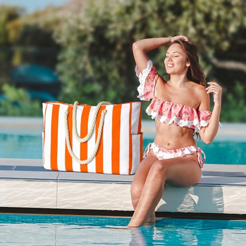 Image of Becokan Women's Pool Swim Bag - Waterproof Sandproof Large Stripe Beach Tote with Zipper