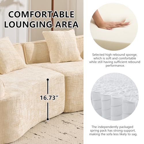 Image of 109-Inch Curved Boneless Modular Sofa Compressed 4-Seat Cloud Couch with 4 Pillows, Modern Curved Boneless Foam Sofa Floor Deep Seat Cloud Couch for Living Room Bedroom