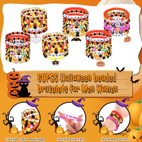 60 Pcs Halloween Bracelets Bulk Beaded Stretch Bracelets with Pumpkin Spider Ghost Witch Web Charms Elastic Layering Halloween Jewelry Stackable Bracelet for Party Jewelry Gifts3