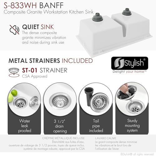 Image of Stylish 33 x 18 Inch Composite Granite Workstation Kitchen Sink, Double Bowl Under Mount & Drop in, 9.5 in Deep, with Bamboo Cutting Board, Roll-Up Drying Rack, Colander & Strainers, White, S-833WH