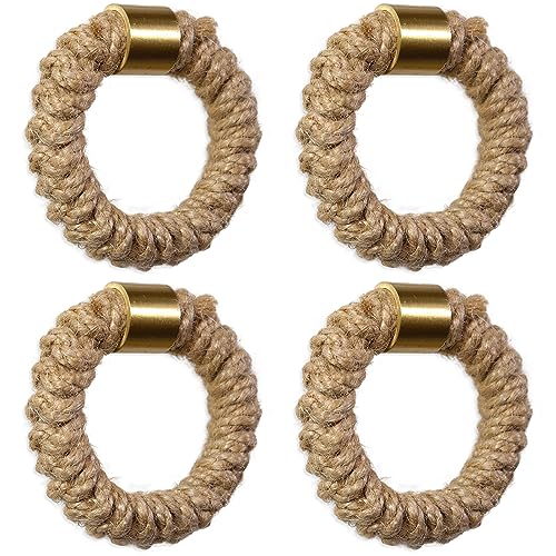 EureKaEr Pack of 4 Nautical Drawer Handles with Jute Rope Golden Brass Drawer Knobs Knotty Door Knobs Solid Brass Single Hole Handle Wooden Furniture Handle Cabinet Handle for Nautical Furniture